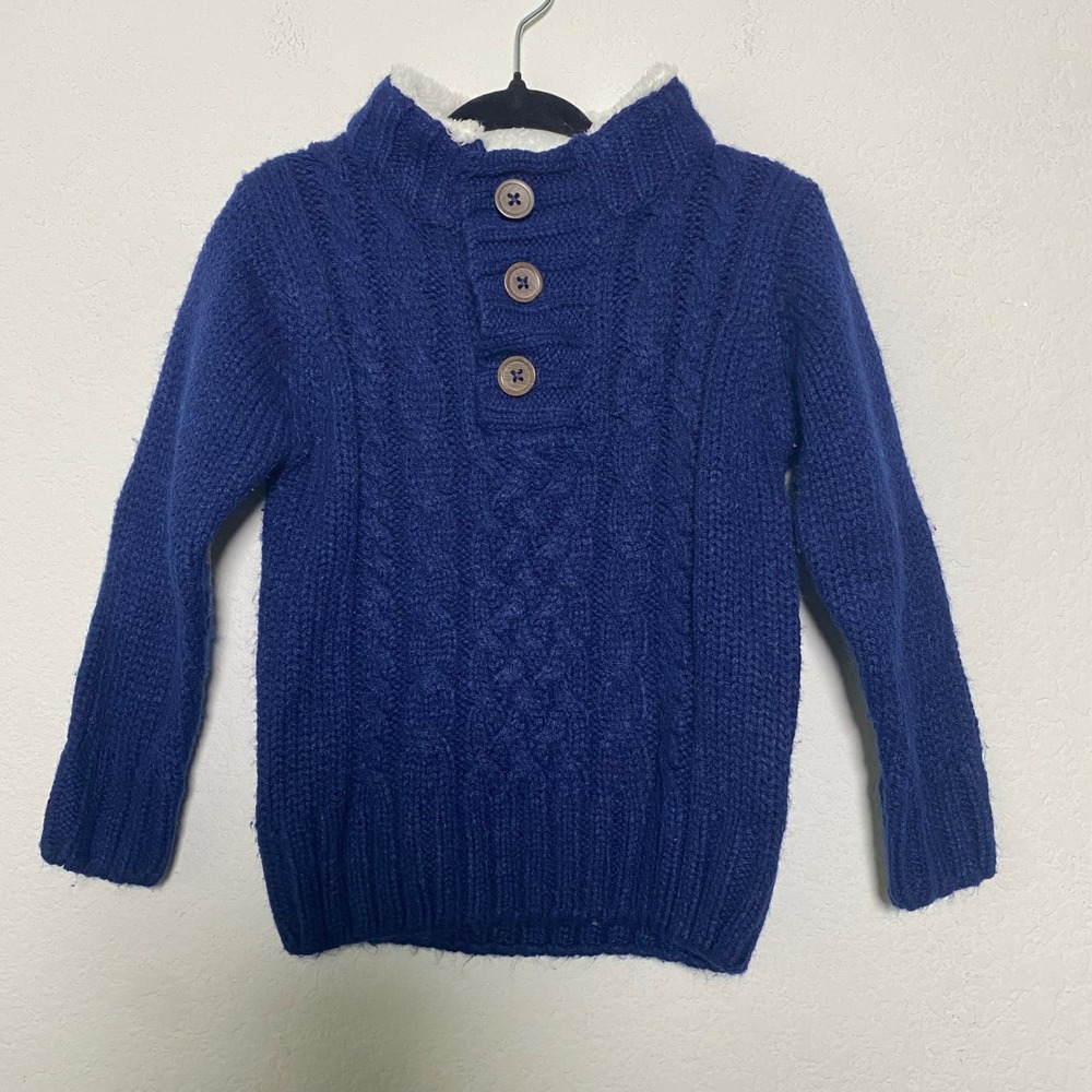 Little Lad Boys Royal Blue Cable Knit Sweater‎ 18M Sherpa Collar Elbow Patches